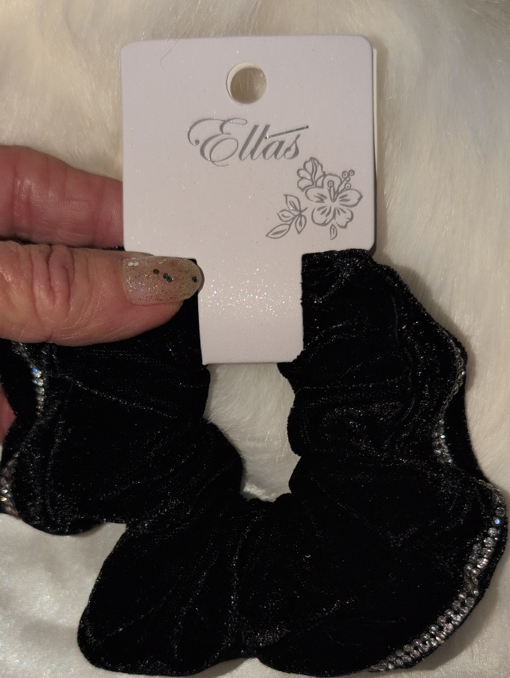 Ellas Black Velvet With Rhinestone Trim Scrunchie